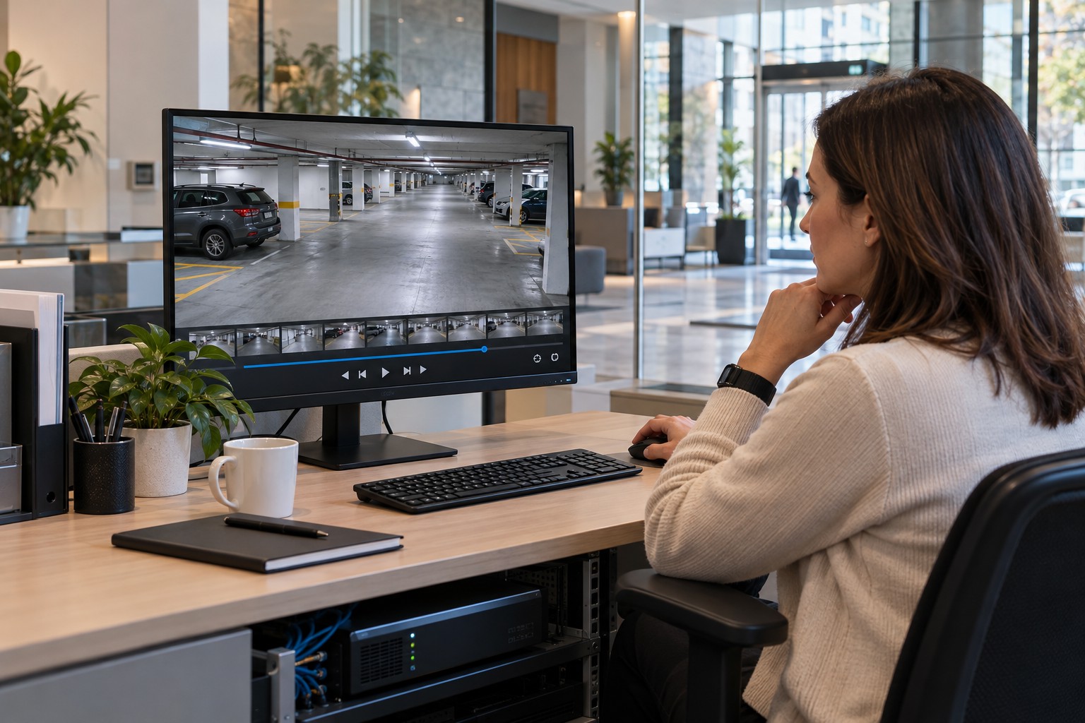 Reviewing recorded parkade CCTV footage